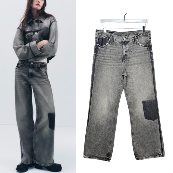 Zara Gray Mid Rise Patchwork Wide Leg Women’s Full Length Jeans Sz 10 - Picture 1 of 11